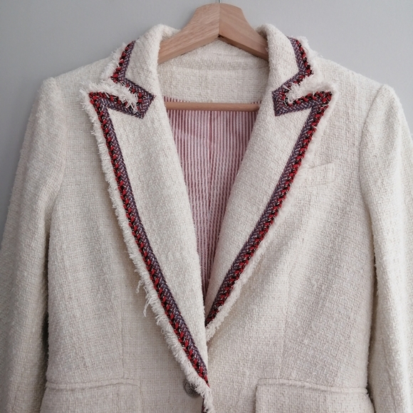 Veronica Beard Raw Edge Cutaway White Tweed Dickey Blazer with Red Trim 0 - Picture 7 of 17
